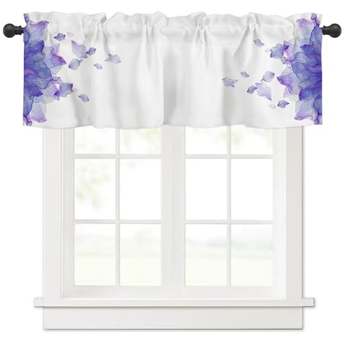 カフェカーテン おしゃれ パープル 花 花柄 美しい 遮像 UVカット お風呂 小窓 出入り口 短い カーテン 間仕切り目隠し 半窓カーテン キッチン ボーダー 洗面所 居間 喫茶店 1枚 幅107cm x 丈30cm