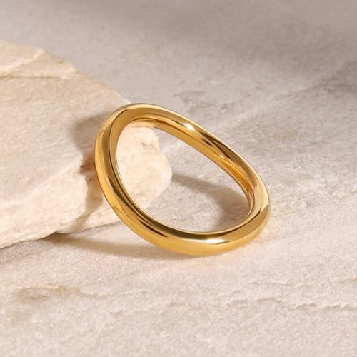 Waterproof Non Tarnish Gold Stackable Rings for Women - Water Resistant Tarnish Free Wave Chunky Rings - Stainless Steel Gold Rings for Women4