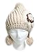 Fashion Faux Fur Flower Accent Pom Pom Knit Beanie Hat Cap Retro (Ivory)