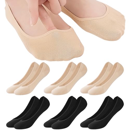 Niofind Invisible Socks for Women, 6 Pairs Ultra Low Cut Liner No Show Socks, Ladies Non Slip Cotton Breathable Boat Socks for Loafers Sneakers Flats Shoes, 3 Black 3 Beige 6-8