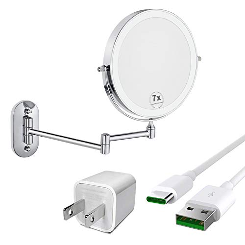 GURUN 20,3 cm Vergrößerungsspiegel mit 3 Farbtönen LED-Lichtern, doppelseitiger Kosmetikspiegel für Badezimmer, 7-fache Vergrößerung, Touch-Steuerung, USB wiederaufladbar (Chrom/7-fach) Cover