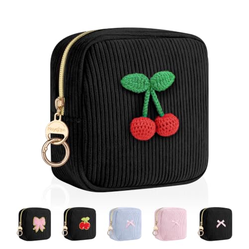 Playexen Corduroy Period Bag for Purse, Cherry Sanitary Napkin Pouch, Black