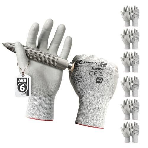 Schwer 6 Pairs Safety Work Gloves with Certified Level 6 Abrasion Resistance, ANSI A2 Cut Resistant Working Gloves with Grip for General Use, Construction, Gardening, Mechanic, 3D-Comfort, LT5636, L