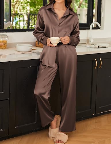 Ekouaer Womens Satin Silky Pajama Set 2 Piece Print PJs Soft Loungewear Button Down Sleepwear with Elastic Waist Long Pants