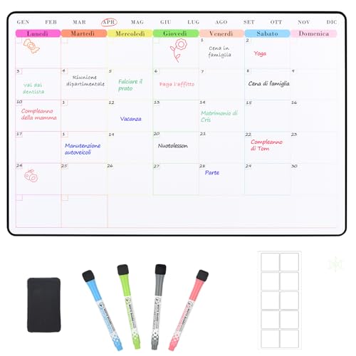 POPRUN Lavagna magnetica frigo Pianificazione la Settimana/Mensile, Calendario Magnetico Frigorifero Lavagna calamitata morbida 42×28cm -in Italiano