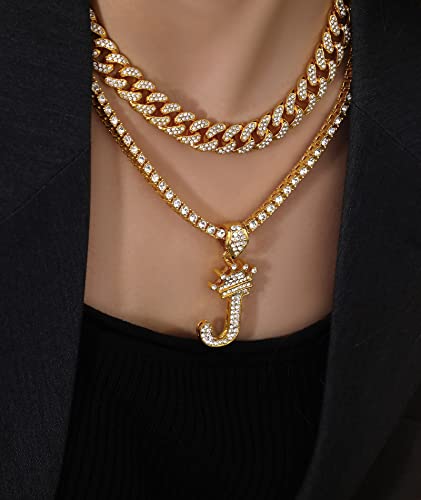 Wfyou Cuban Link Chain For Women Crown Gold Initial Pendant Necklace 18K Gold Plated Alphabet Letter Pendant Choker Hip Hop Diamond Chain Custom Name Necklace Trendy Dainty Rapper Jewelry Gift #TOP3