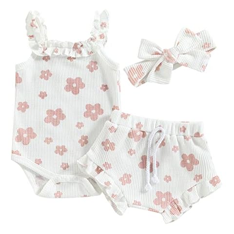 Lucikamy Newborn Baby Girl Clothes Floral Sleeveless Romper Bodysuit + Ruffle Bloomers Shorts Infant Summer Outfits Set (White 2, 12-18 Months) Cover