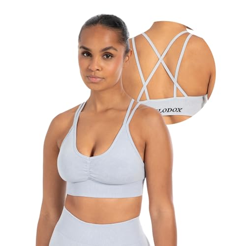 SMILODOX Sport BH Damen – Batik Acid Cross Scrunch Bra – V-Ausschnitt mit Scrunchnaht – Fester Halt – Herausnehmbare Cups – Elastisches Material – Schöner Rückenausschnitt – Ideal für Fitness Yoga