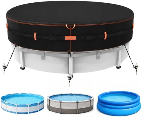Neuradical Rundpoolabdeckung für 305 cm Aufstellpool, Winddichte Poolplane | 500D UV-beständige Abdeckplane für runde Pools, reißfestes Oxford-Gewebe mit Befestigungsgurten für Gar