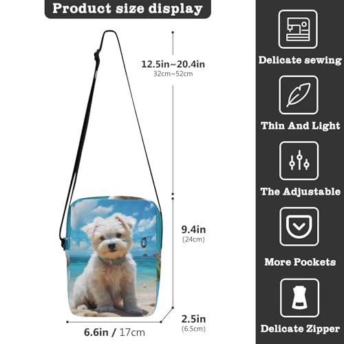 Crossbody Sling Bag for Women Men, Zipper Closure Messenger Bags White Dog Beach Print with Card Phone Passport Compartment 6.6×9.4×2.5 IN3