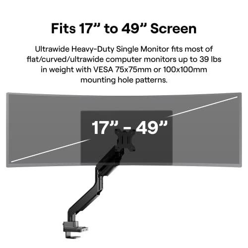 Image of Pixio PS2S Ultrawide Heavy-Duty Premium Single Monitor Arm Stand Desk Mount - Fits up to 49 inches Monitors, Weights up to 39lbs Flat / 31lbs Curved, Compatible with VESA 75x75mm 100x100mm