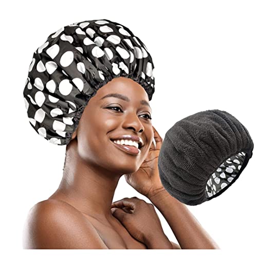 Shower Cap, Terry Cloth Lined Shower Cap For Women Large Double Layer Shower Cap With Microfiber Dry Hair Function Resuable Waterproof Breathable Bath Cap Black And White Dots Design Shower Caps For #TOP5