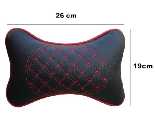 DETACHI Faux Leather Car Neck Rest Pillow/Cushion Set of Pillows Compatible with All Cars (Black, with RED Embroidery) - Pack of 2 Pieces (Image - 2)