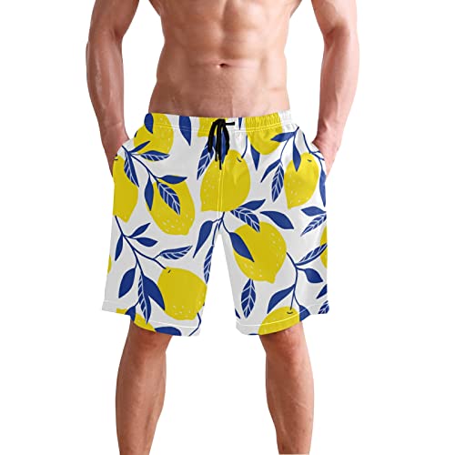 susiyo Yellow Lemon Blue Leaves Men's Beachwear Swim Trunks Quick Dry Bathing Suits with Mesh Lining and Pockets2