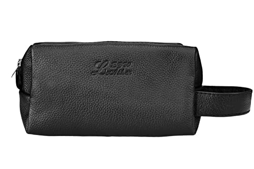 EZW Leather Toiletry Bag for Men and Women, Genuine Leather Travel Shaving & Dopp Kit for Toiletries, Cosmetics, Bathroom Organizer Shaving Bag, Grooming Kit Organizer (Mat Black)