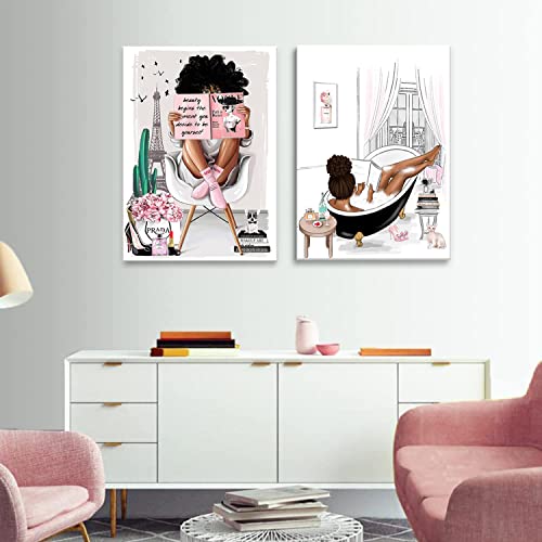 2 Pieces Framed African American Wall Art Modern Fashion Paris Pink White Afro Black Girls Women Canvas Wall Decor Pictures Posters Prints Artwork For Bathroom Living Room Bedroom Home Decoration #TOP7
