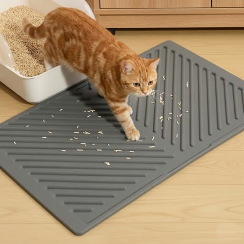 Conlun Katzenklo Matte, 60x38cm Gummi Silikon Katzenstreu Matte, Wasserdicht, Katzenmatte Katzenklo für den Boden, Leicht zu Reinigen, Rutschfeste Katzenklomatte zur Streukontrolle, Grau