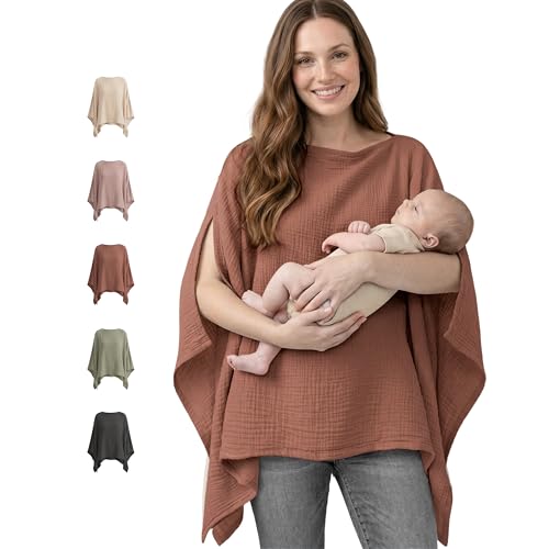 Image of Konssy Muslin Nursing Cover for Breastfeeding, 360° Full Privacy Breathable 100% Cotton Breastfeeding Cover, Multi-use Carseat Canopy(Chestnut)