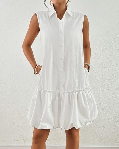 Bsubseach Womens Casual Summer Dresses Sleeveless Linen Bubble Mini Short Dress Button Down Shirt Sundress with Pockets2