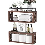 RICHER HOUSE Floating Wood Shelves with Guardrail, Rustic Brown, Wall Mounted, 2 Shelves, Farmhouse Style