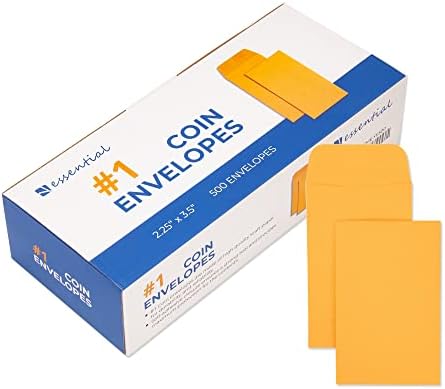 ESSENTIAL #1 500 Piece Coin Envelopes 2.25" x 3.5" with Gummed Flap, Small Parts Envelope for Home and Office Use (Brown -500)