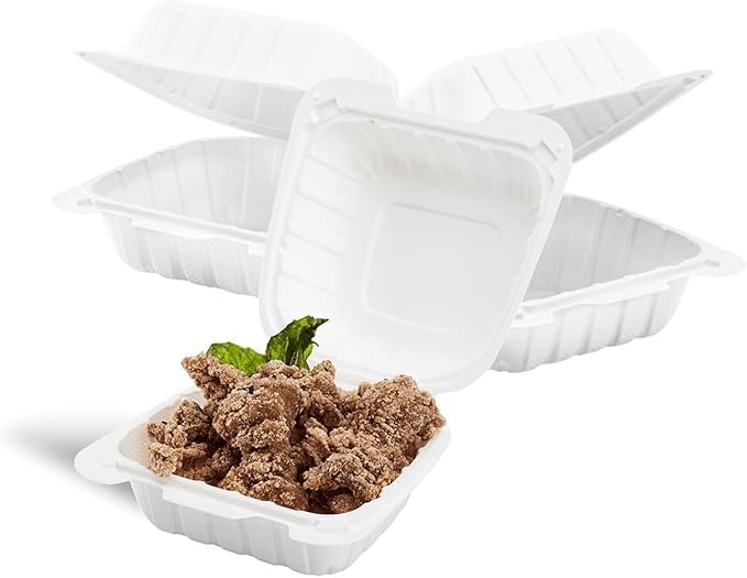 #pp225 6"x6"x3" Mineral Filled PP Hinge Container, 1 Compartment-White, Microwave Safe, Secure Lock Lock, Salad, Rice