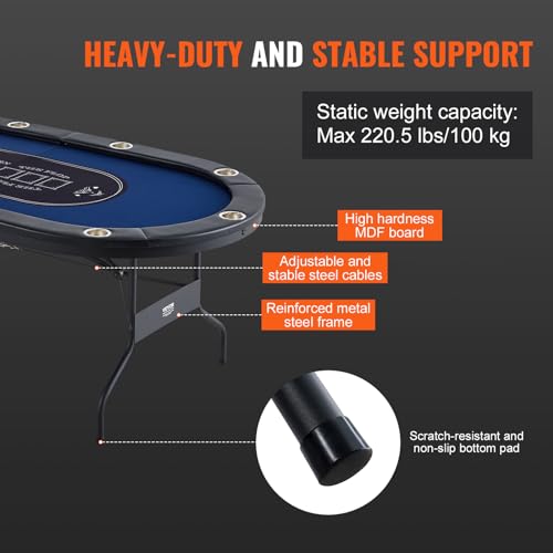 VEVOR Casino Pokertisch Klappbare Tischbeine 2140 x 1070 x 760 mm (L x B x H), Faltbarer Pokertisch, Schwarz & Blau Pokerauflage Klapptisch für 10 Spieler, Pokertisch mit Staubschutzhülle Tragbar