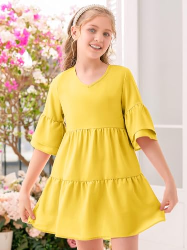 Batermoon Girls Summer Dress Ruffle Sleeve V Neck Tunic Dresses for Teens Loose Casual Flowy Swing Dress3