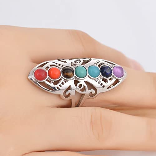 925 Sterling Silver Healing Hollow Stone Adjustable 7 Chakra Ring Aura Gemstone Ring 7 Chakra Religion Healing Balance Stone Rings Bracelet Color Chakra Healing Style Female Ring4