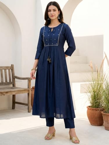 Image of INDO ERA Women's Liva Solid A-Line Kurta & Pant Set