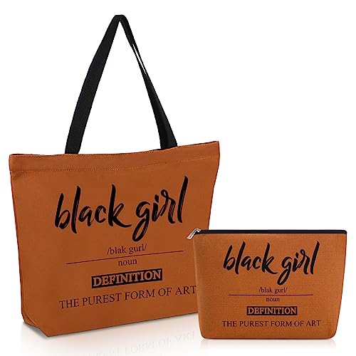 Coume 2 Pcs Christmas Black Girl Definition Canvas Tote Bags Juneteenth Day Gift Brown Makeup Bag Set the Purest Form of Art Blk with Metal Zipper Travel Trip Toiletry Bags for Women Shopping School