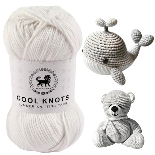 Image of NESTNHAVEN Cool Knots, Hand Knitting Yarn (1 Ball 100g) - Luxury Yarn for Crochet, Amigurumi, Embroidery, Toys, Garments, Flowers and Hobby Projects (White), Polyester Blend
