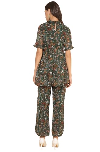 Image of Janasya Women's Green Chiffon Lurex Floral Printed Co-ord Set
