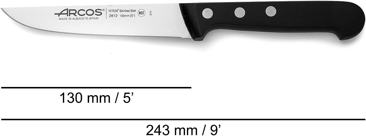 Arcos Kitchen Knife 5 Inch Nitrum Stainless Steel and 130 mm blade. Professional Utilty Knife. Ergonomic Polyoxymethylene POM Handle. Series Universal. Color Black