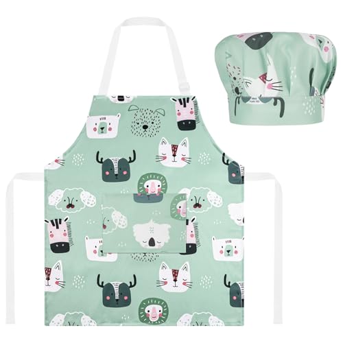 ABOHU Avental para crianças gorro de cozinheiro, avental infantil ajustável com bolsos, avental infantil cozinha para pintura artesanal, cozinhar, levar ao forno, jardim, cozinha, 2 peças - verde