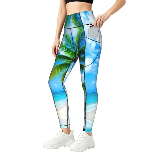 Leggings de gimnasio para mujer con bolsillos y estampado tropical de palmeras