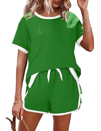 AKEWEI AKEWEI Shorts Sets Women 2 Piece Outfits Casual Short Sleeve Crewneck Tops and Drawstring Shorts Color Block Sets
