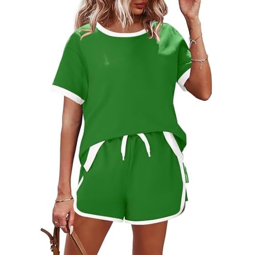AKEWEI Shorts Sets Women 2 Piece Outfits Casual Short Sleeve Crewneck Tops and Drawstring Shorts Color Block Sets Green X-Large