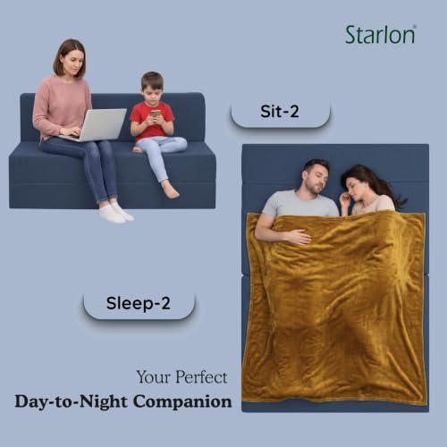 Image of Starlon 2 Seater Foldable Sofa Cum Bed 3-in-1 with 2 Geometrical Pattern Pillows, Washable Jute Fabric Cover, Space Saving Guest Bed, Pre-Assembled Royal Navy Blue 4x6 Ft