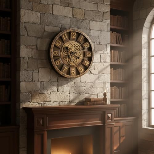 Image of STAR WORK Vintage Gear Wall Clock Industrial Rustic Farmhouse Classic Style Mechanical Charm Perfect for Living Room Bedroom Office or Entryway Decor (Brown -16 INCH)