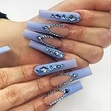 IMRAIN Blue Press on Nails Long Square Fake Nails French Tips Matte Full Cover Acrylic Rhinestone Stick on Nails for Women 24Pcs