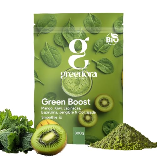 GREENORA Smoothie Vegano de Fruta Liofilizada, Mango, Kiwi, Espinaca, Espirulina, Jengibre y Col Rizada en Polvo, Ideal para Desayunos, Bowls y Recetas, Sin Azúcar, 25 Servicios, Green Boost.