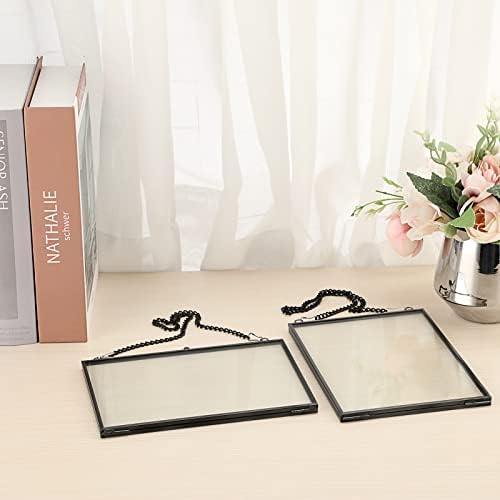 SUMTree Set of 2 Black Glass Hanging Photo Picture Display Frame, Floating Glass Picture Frame with Chain for Family Tree Mini Photo, Gallery Wall Art Work, Pressed Flower, collage, etc, 5*7 inch