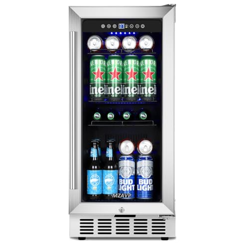 MZAVP Beverage Refrigerator 15 Inch Under Counter, 130 Cans Beverage Fridge Built-in/Freestanding, 15 Inch Drink Cooler with Glass Door, Blue LED Light, Safety Lock - for Home/Kitchen - Silver