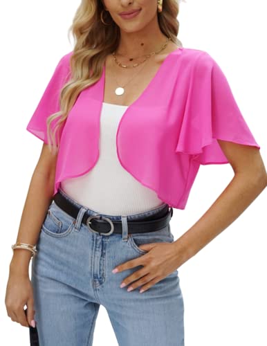 Kate Kasin Women Shrug Sheer Ruffle Short Sleeve Cropped Chiffon Bolero For Dress Hot Pink L #TOP11