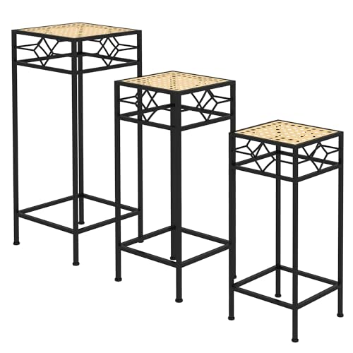 Outsunny 3-tlg. Pflanzenständer Stapelbarer Blumenhocker Blumentopfhalter mit Rattanoptik Pflanzenhocker für Garten Balkon Metall Gold