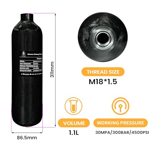 TUXING 4500Psi Carbon Fiber Air Tank 1.1L 67Cu in 1100cc Pcp HPA Bottle, Gas Cylinder, Sacuba Tank, Paintball Hunting for PCP Air Rifle Gun Daystate and FX Thread M18 * 1.5 - Image 3