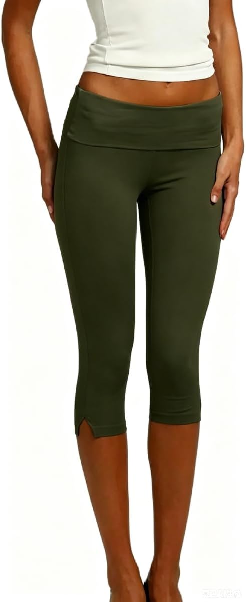 Women Fold Over Capri Pants Stretchy Low Rise Leggings Yoga Cropped Pants