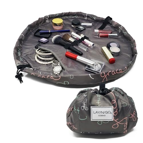 Lay-n-Go Cosmo Drawstring Cosmetic & Makeup Bag Organizer - Portable Drawstring Makeup Bag w/Zipper Pocket & More - Durable, Machine Washable Toiletry Bag for Travel (20", Grit Grace Gratitude)