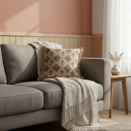 Image of Cotton Cushion Covers 16x16 Inch | Set of 2 | Handwoven Printed Brown Decorative Square Cushion Case with Fringe | Sofa, Living Room, Bedroom, Diwan Home Decor Throw Cushion Cover